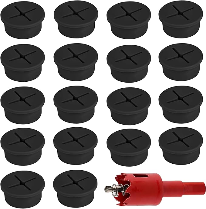 18Pcs Desk Grommet with Hole Saw, 1 Inch (25mm) Cable Grommet, Wall Grommets for Cables, Cable Hole Cover, Silicone Cable Cord Wire Hole Cover for Desk, Table, TV Console and Other Furnitures(Black)