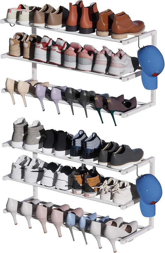 2 Pack Wall Mounted Shoe Rack, 3 Tier Hanging Shoe Rack Holds 24 Pairs, 17"-30"Adjustable Heavy Duty Metal Shoe Organizer Holder with 4 Storage Hooks, Space Saving for Closet Entryway Doorway（White)