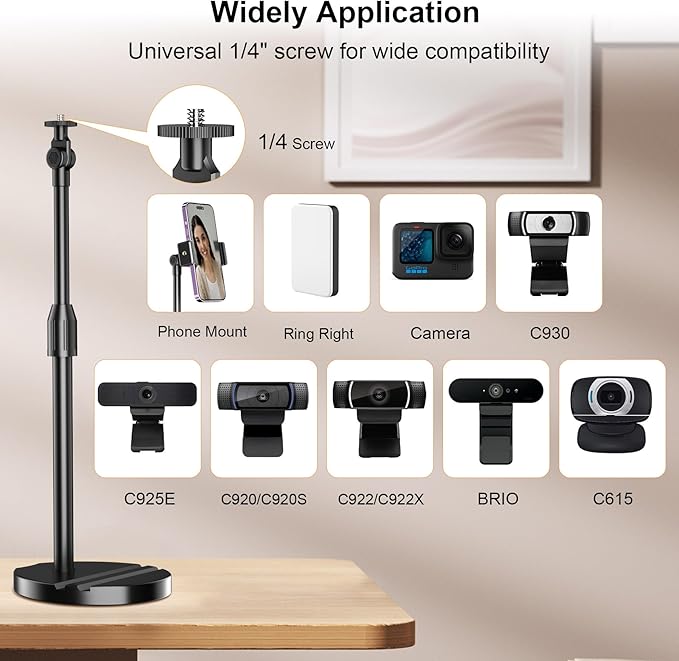 LenTok Telescopic Webcam Tripod Stand for Desk with Phone Holder, Desktop Webcam Mount Compatible with C922 C930e C920S C920 C615 C960 C920x Brio 4K, Table Phone Stand with 1/4'' Thread