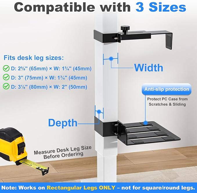Under Desk PC Mount - No Drilling 40 lb Capacity, Fits 3 Fixed Desk Leg Sizes, CPU Holder Under Desk, Adjustable Clamp-on Desk Leg PC Mount for Standing Desk, with Non-Slip Pads, Black