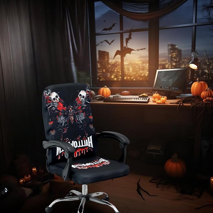 Halloween Office Chair CoversHorror Bloody Handprints Footprints on White Horror Theme Print Stretchable Slipcover for Modern Simplism Style High Back Boss Chair(No Chair) (Halloween08, M)…