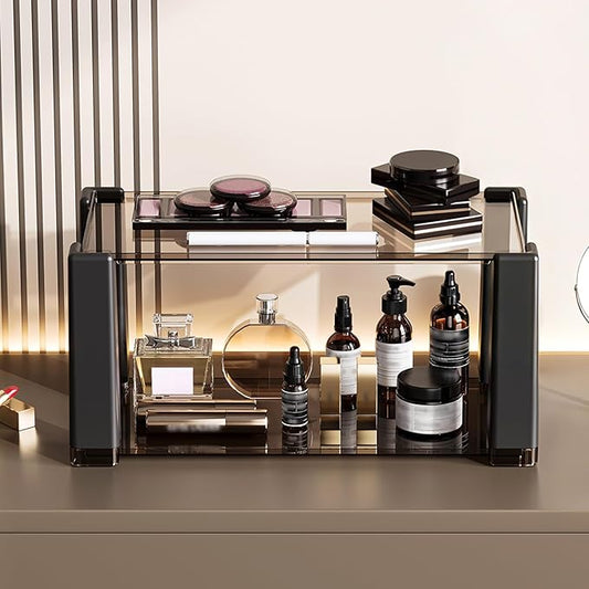 2-Tier Modern Minimalist Display Shelf, Multi-Purpose Organizer for Makeup, Perfume, Mugs, Figures, Clear Desktop Storage with Sturdy Frame for Bathroom, Kitchen, Office, and Home Decor B