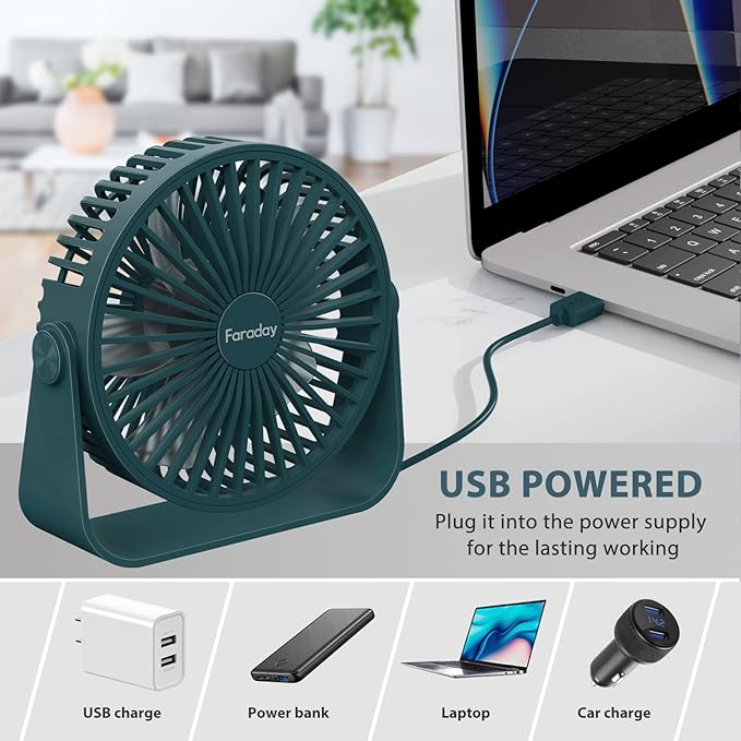 FARADAY USB Desk Fans 5 Inches Portable Table Fans 360° Head Rotation Small Personal Desktop Fan for Home Office, 3 Speeds, Deep Green
