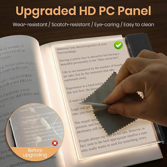 Flat Book Light, Rechargeable Clear LED Smart Reading Light with 3 Colors & Timer, Dimmable Full Page Panel Plate Lamp, Eye Protection, Portable Flat Reading Light for Bedside, Travel, Study (Black)