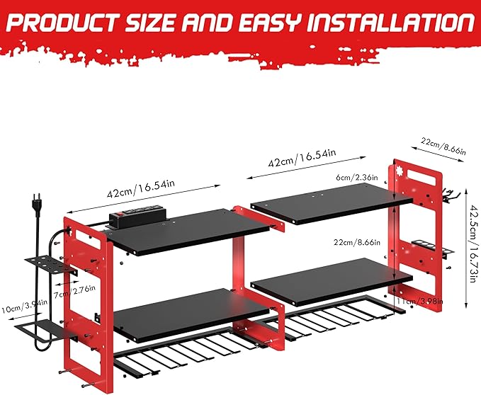 TOPRINCE Large Power Tool Organizer Wall Mount with Charging Station, 3-Tier Heavy Duty Metal Tool Rack with 8 Drill Holders and 6FT Power Strip, Garage Workshop Storage.Red