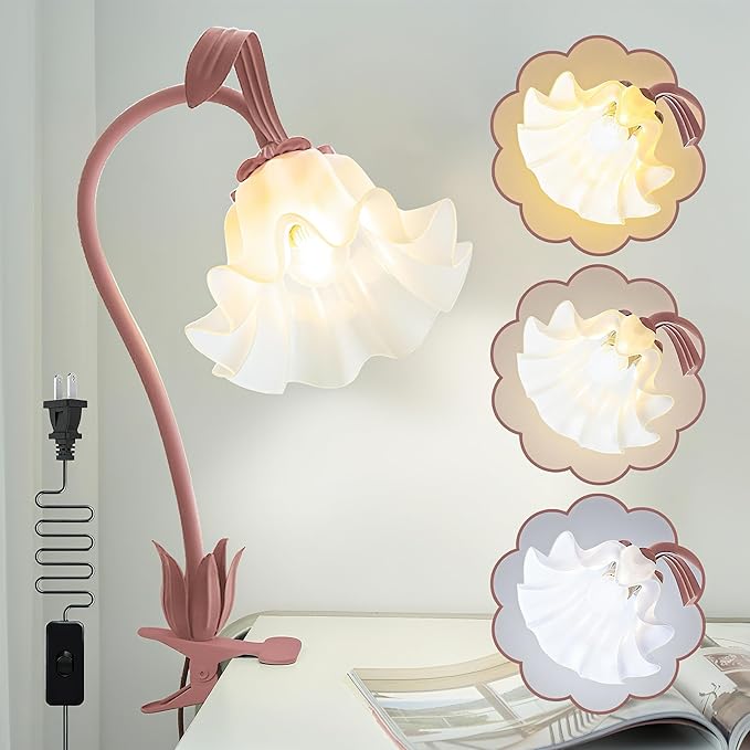 Flower Desk Lamp,Reading Light for Books in Bed,3 Color Modes 360°Rotation Clip on Light,Vintage Flower Bedside Lamp for Bed Headboard Bedroom College Dorm Office Lighting Table Lamp Home Decoration