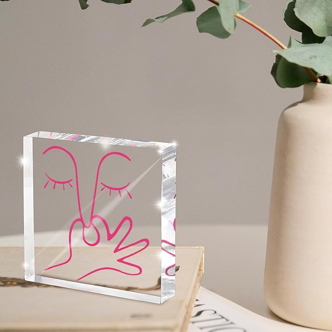 Abstract Humor Bathroom Decor - Minimalist Face Line Acrylic Sign, 4x4 Inch Pink Fun, Suitable for Toilet, Guest Bathroom, Bedroom, Desk Decoration