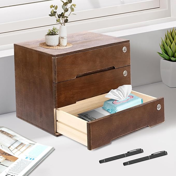 Wooden Desk Organizer with Drawers & Lock, Desktop Countertop Storage Cabinet Lockable Home Office Supplies File Tabletop Organizing Unit (3 Drawer - Retro Walnut)