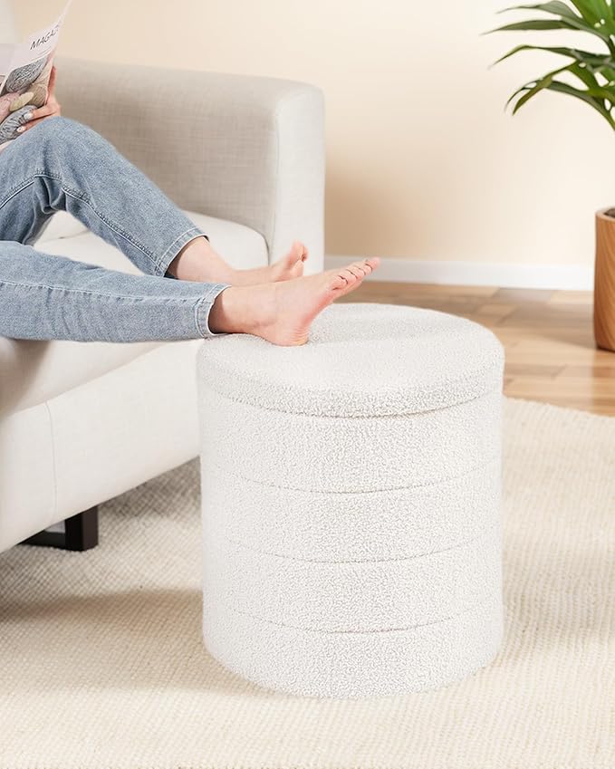 18" Tall Round Boucle Storage Ottoman, Sherpa Teddy Fabric Ottoman Footstool with Wooden Tray Reversible Lid, Folding Footrest with Storage for Living Room, Bedroom, Dorm, White