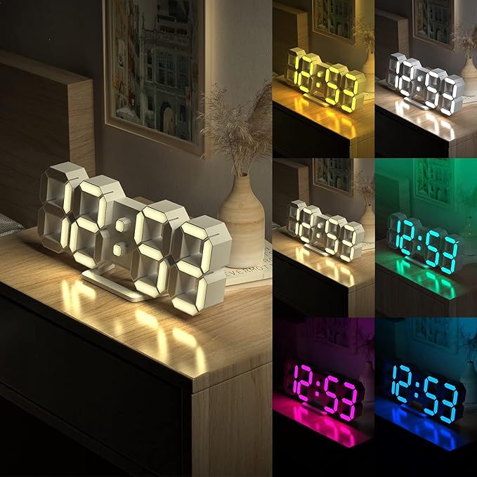 3D LED Digital Wall Clock 9.7" RGB Neon Alarm Clock, Large Display Desk/Wall Clock for Bedroom Living Room, 7 Colors Night Light, Adjustable Brightness, Time Date Temperature, 12/24H