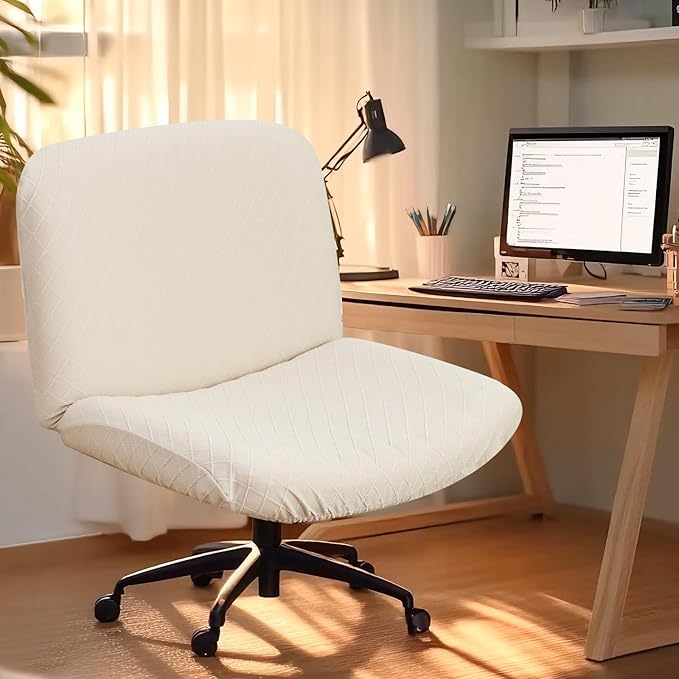Criss Cross Chair Cover Waterproof Beige Jacquard Wide Armless Vanity Chair Slipcover 1 Piece Washable