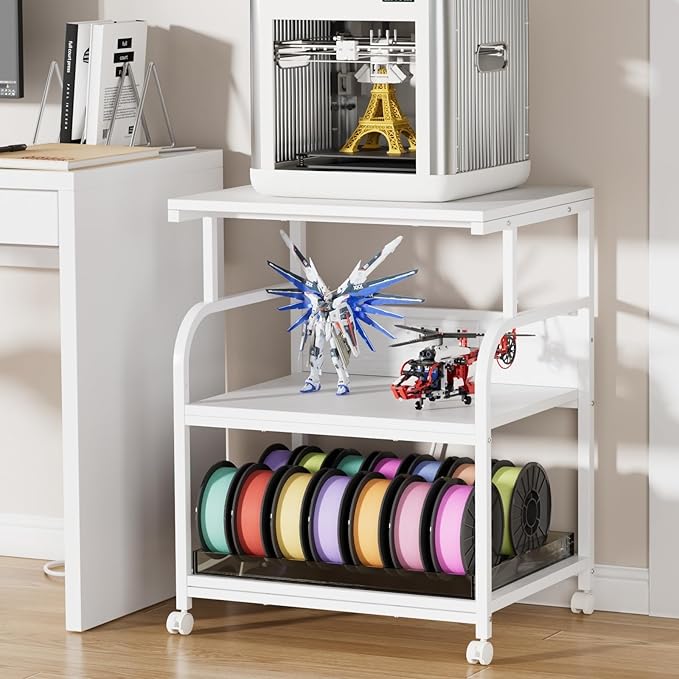 VECELO Adjustable Large Printer Stand with Power Outlet, 3-Tier Heavy Duty Cart on Lockable Wheels, Office Storage Table for Home Office, 3D Printer, Fax Machine, Scanner, Classic White