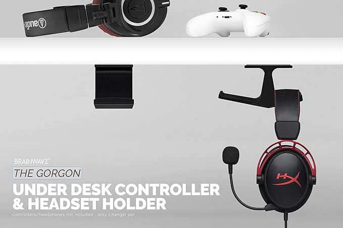 BRAINWAVZ The Gorgon - Under Desk Game Controller & Headphone Holder for XBOX, PS4, PS5, Series One, Steelseries, PC & Most Gamepads & Headsets, Screwless Hanger Stand, Black