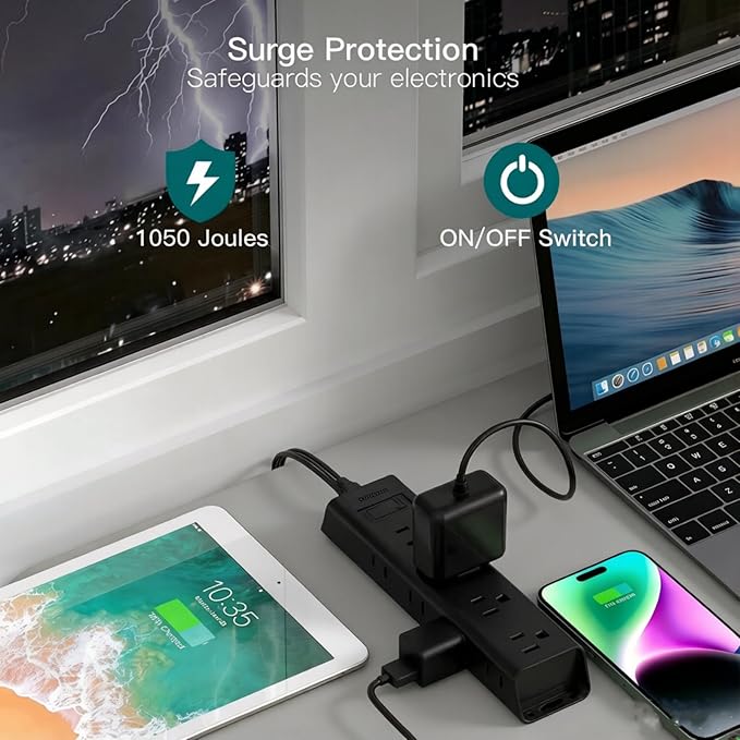Addtam Power Strip Surge Protector with 12 Outlets, Flat Plug Extension Cord 6FT, Ultra Thin Wall Plug, 3-Side Wide Spaced Outlet Extender, Wall Mount Desk Charging Station for Home Office Garage