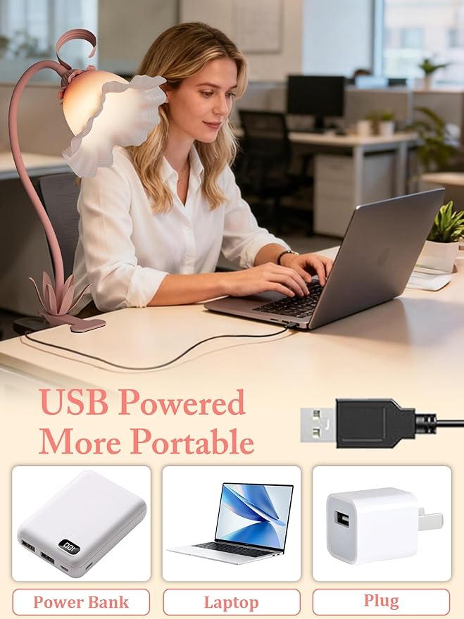 Clip on Light,Flower Desk Lamp,360°Rotation Gooseneck LED Reading Lights,Floarl Bedside Lamps,3 Colors Modes Book Lights Eye-Caring for Bedroom Bed Headboard Office Home Lighting Table Lamp(Pink)