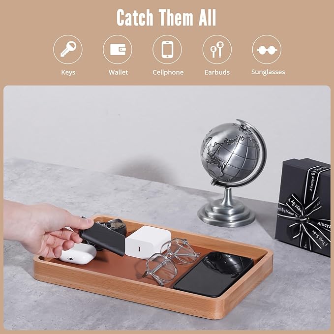 ProCase Wooden Valet Tray for Men, Wood Catch-All EDC Organizer, Nightstand, Entryway Bedside Dump Holder, for Wallets, Keys, Watches, Phones, Loose Change, Trinkets -LightBrown
