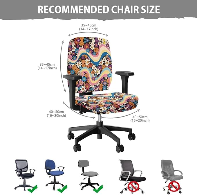 Hippie Flowers Office Chair Covers Washable Computer Office Chair Seat Cover 70S Floral 2 Piece Office Chair Slipcovers Protector Desk Accessories Dorm Computer Rotating Chair Slipcover
