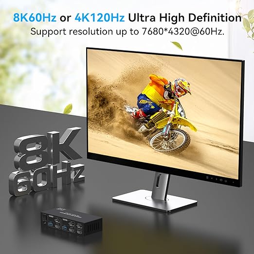 HDMI+Displayport KVM Switch 2 Monitors 2 Computers 8K@60Hz KVM Switcher for Two PC Share Dual Monitors and 4 USB 3.0 Ports Support Extended/Copy Mode with Desktop Controller&2 USB Cables