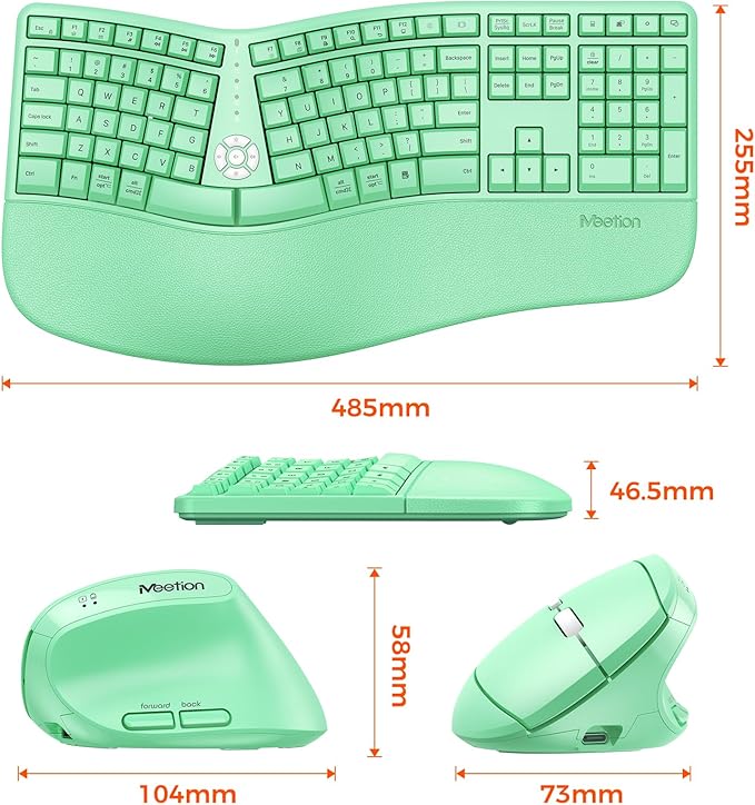 MEETION Ergonomic Keyboard and Mouse, Wireless Keyboard with Vertical Mouse, Split Curved Keyboard with Wrist Rest, Natural Typing USB Receiver Rechargeable Full Size, Windows/Mac/PC/Laptop, GN