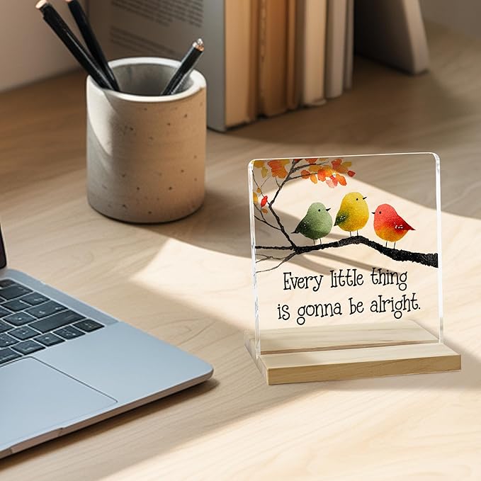 Inspirational Birds Desk Decor Sign, It's Gonna Be Alright Acrylic Plaque for Home Office