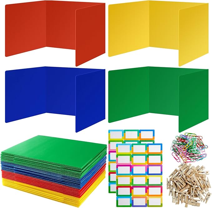 24 Packs Colorful Privacy Folders for Student Desk Durable Waterproof Plastic Divider Board Tri Fold Easy Clean Privacy Shield Divider with Sticker Clips and Clips for Classroom Teacher Supplies