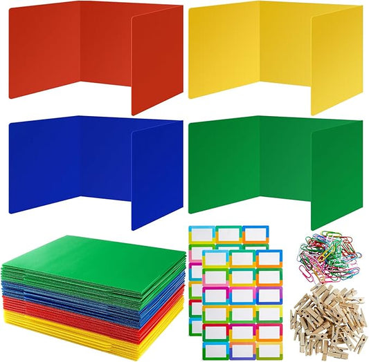 24 Packs Colorful Privacy Folders for Student Desk Durable Waterproof Plastic Divider Board Tri Fold Easy Clean Privacy Shield Divider with Sticker Clips and Clips for Classroom Teacher Supplies
