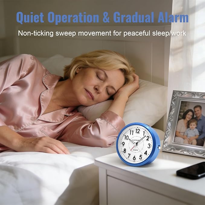 Lamisola Small Desk Clock, Battery Operated Travel Clock, Old School Analog Alarm Clock for Bedroom Home Office Bathroom Kitchen, Silent Large Display- Sapphire Blue
