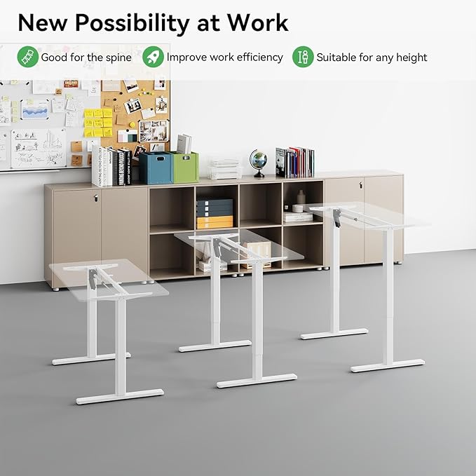 Electric Standing Desk Frame,Adjustable Height and Length,The Maximum Size it can accommodate is 63 * 28 inches for the Tabletop,3 Preset Heights,Rated for 154 pounds of Weight.White