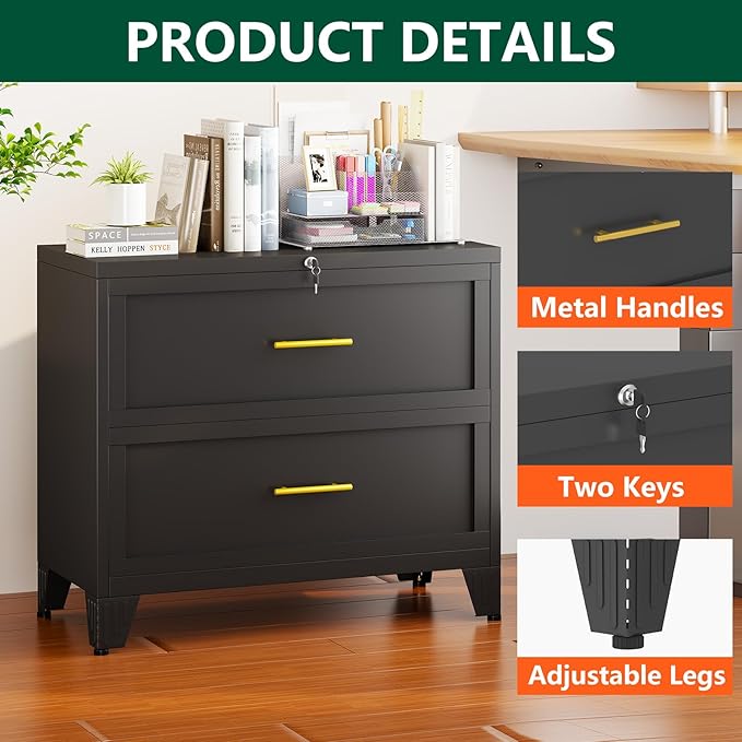 winiowa 2 Drawer File Cabinet, Metal Lateral File Cabinet with Lock, Locking Filing Cabinets for Home Office,Wide Office Storage Cabinet for Hanging Files Letter/Legal/F4/A4 Size (Black, 2-Drawer)