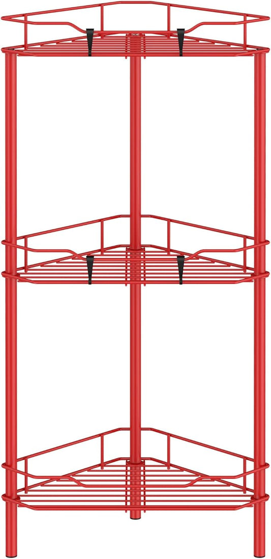HuggieGems 3 Tier Floor Standing Corner Shower Caddy Organizer Shelf with Hooks, Bathroom Shelves Stand Rack, Red