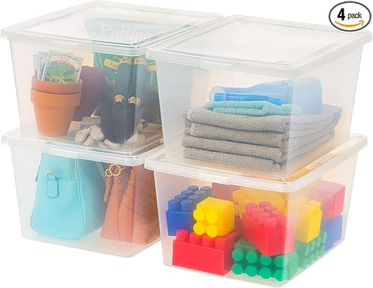 IRIS USA 4-Pack Storage Bins with Lids, 25 Quart, Clear Stackable Containers Box Organize Shoes Closet Shelves Clothes Blankets Towels - BPA-Free Plastic