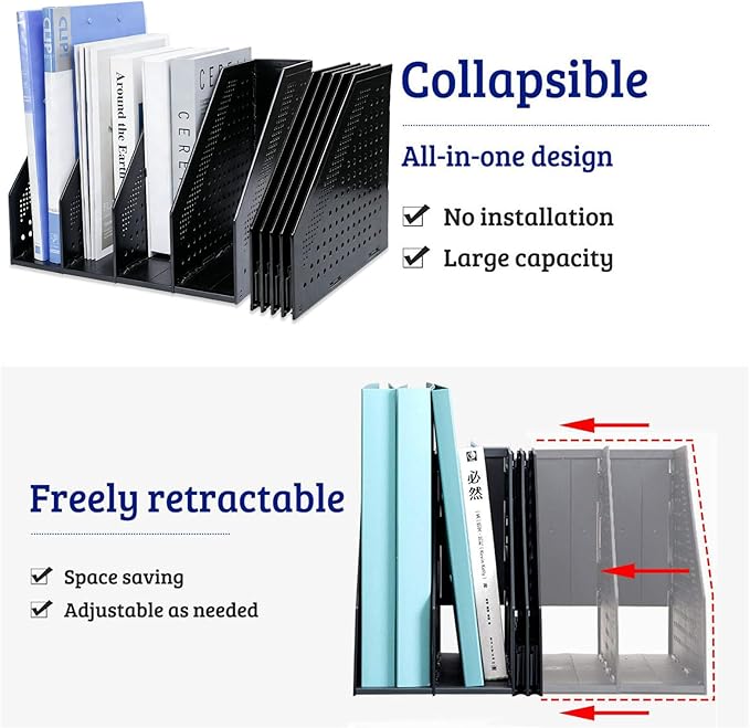 Marte Vanci Collapsible Magazine File Holder with 4 Vertical Compartments, Binder Holder for Desk, Desktop Binder Organizer for Notebook, Documents, Book, School Office Supplies(Black)