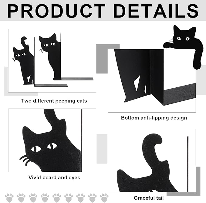 Geelin Peeping Cat Bookends Set of 2 Metal Book Ends for Shelves Bookshelf Home Office Desk Bookshelf Decor Gift for Cat Lovers and Reading Enthusiasts (Lovely Style)