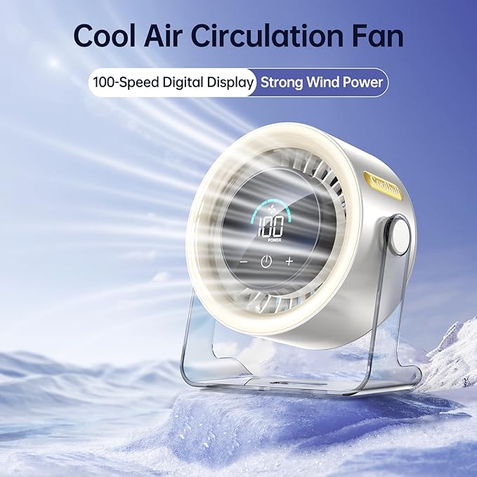 USB Desk Fan for Bedroom: 100 Speeds Digital Display Quiet Table Fan with Turbo Airflow, 120° Rotating Small Rechargeable Battery Desktop Fans for Bedroom Home Office (White)