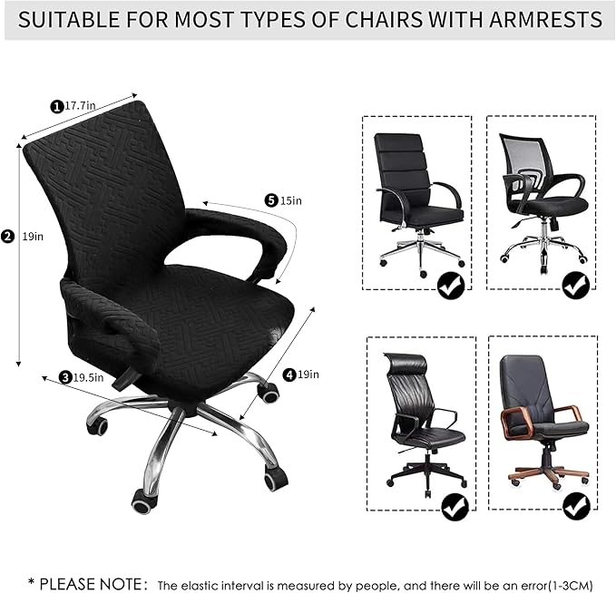 Black Office Chair Cover with Armrest Cover 18Inch Wide Stretch Jacquard Small Desk Computer Chair Covers with Long Zipper Arm Slipcovers Washable