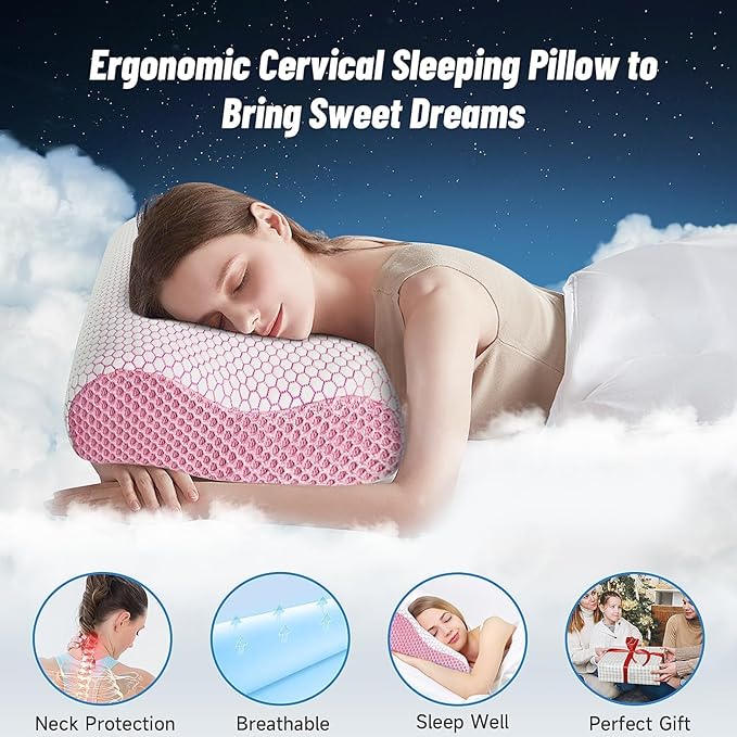 CloudBliss Memory Foam Pillow, Ergonomic Neck Contour Cervical Pillow for Back and Shoulder Pain, Orthopedic Pillow for Neck Pain Relief, for Sleeping Side, Back, Stomach Sleepers - Pink, King