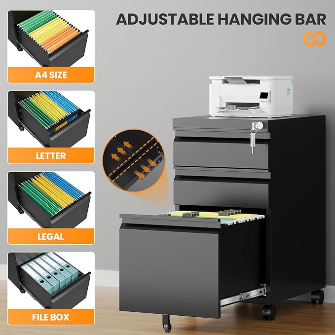 3 Drawer File Cabinet, Fully Assembled Mobile File Cabinets with Lock for Home Office, Metal Rolling Filing Caninet on Wheels, Three Drawer Under Desk Cabnet for Letter/Legal / A4 - Black