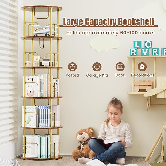 ALLSTAND 5 Tier Rotating Bookshelf, 360 ° Display Stackable Spinning Bookshelf Tower, Narrow Space Saving Tall Floor Standing Swivel Bookcase Corner Storage Organizer for Bedroom, Living Room, Gold