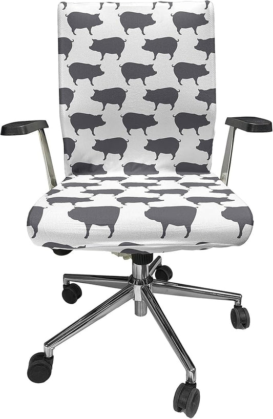 Ambesonne Pig Office Chair Cover, Continuous Pig Animal Silhouette Pattern Domestic Mammal Husbandry Concept, Stretchable Decorative Universal Size High Back Printed Slipcover, Grey and White