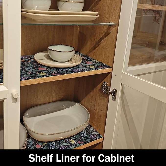 Shelf Drawer Liners, Non Adhesive and Strong Non-Slip Floral Colorful Cabinet Drawer Shelf Liners for Kitchen Wire Fridge, Waterproof Cabinet Liner,Easy to Clean,Black,12IN x 10FT