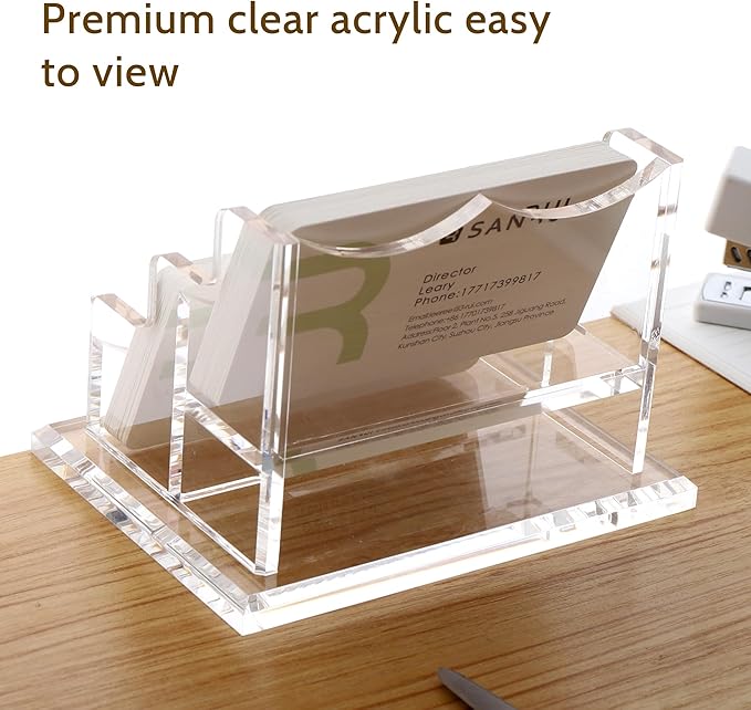 SANRUI Business Card Holder for Desk, Clear Acrylic Business Card Holders Horizontal Business Card Display Stand 2 Slots（Patent No.:US D1,001,889 S）