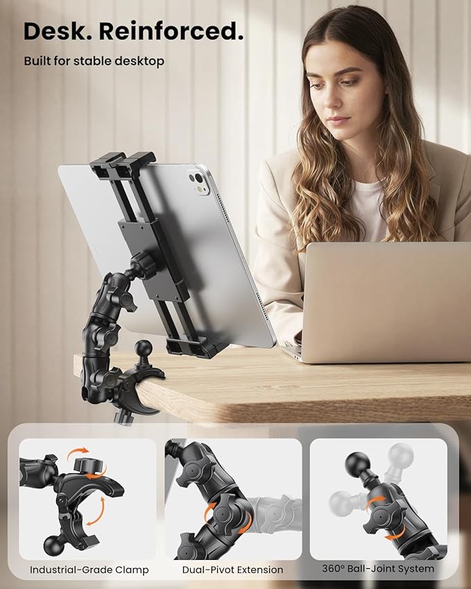OHLPRO Mic Stand Tablet Holder, 360° Adjustable iPad & Phone Mount with Clamp, Fits 5–17" Devices, Sheet Music Stand Holder for iPad Pro 12.9 Air Mini, Black