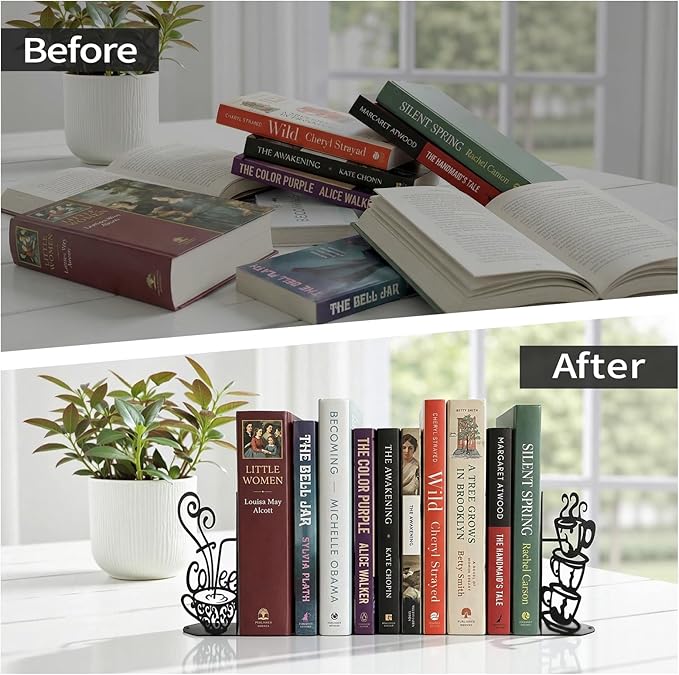 ENCIMART Metal Bookends Creative Coffee Bookends Decorative Cute Kitchen Book Ends for Shelves Bookshelf Home Office Desk Reading Decor Bookshelf Decor for Book Lovers Gift