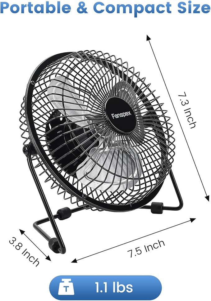 Fanspex 6" USB Desk Fan, Small Desktop Fans for Home Office Bedroom, Metal Construction with 360° Adjust Tilt, 1800 RPM Fan Speed