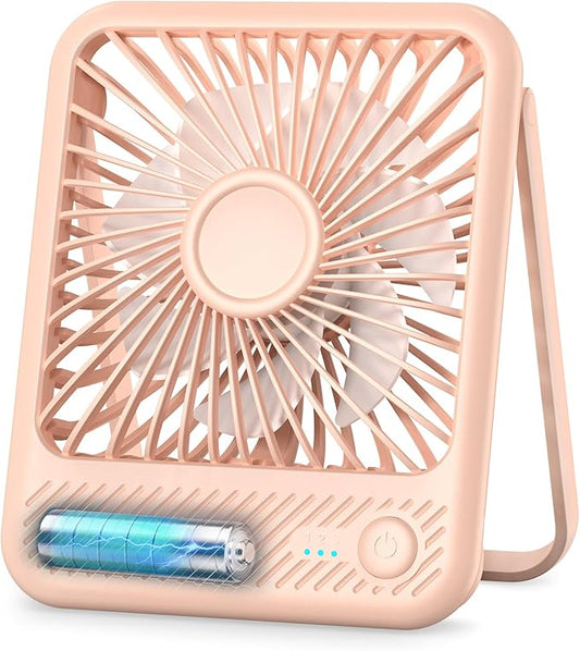 Koonie Desk Fan, Ultra Quiet 2.5-11h Battery Operated Small USB Fan with Strong Wind, 180° Tilt Folding and 3 Speeds Adjustable, Battery Powered Mini Personal Fan for Office Bedroom Desktop Pink