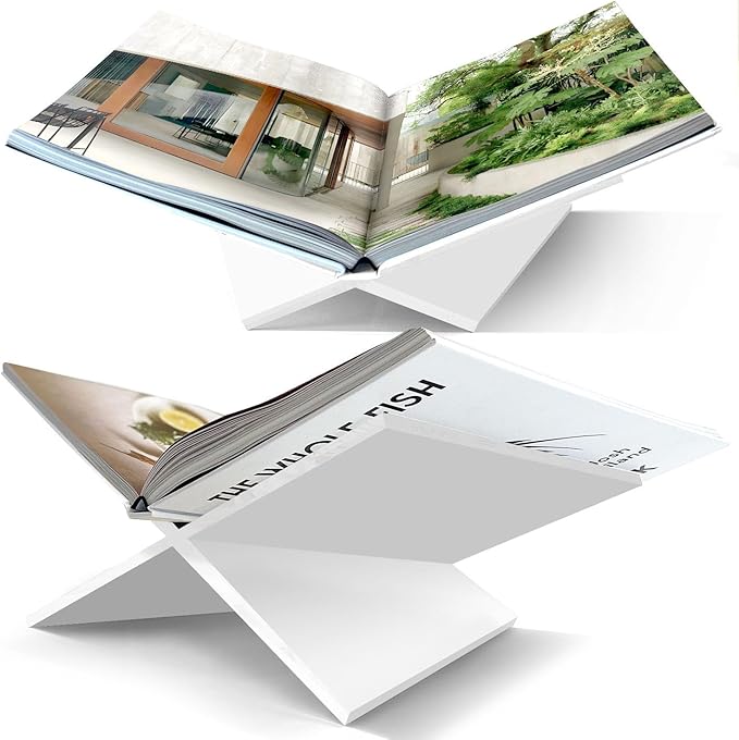 Large White Acrylic Book Stand, 12.5" x 9.5" x 5.5”, Acrylic Book Holder, Open Bookstand for Display and Reading Cookbooks, Art Books, Bibles, Magazines - Home and Office