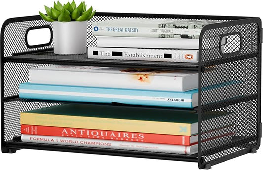 3 Tier Paper Letter Tray Organizer for Desk, Mesh File Folder Document Organizer with Handle for Home Office Supplies Desktop Accessories, Black