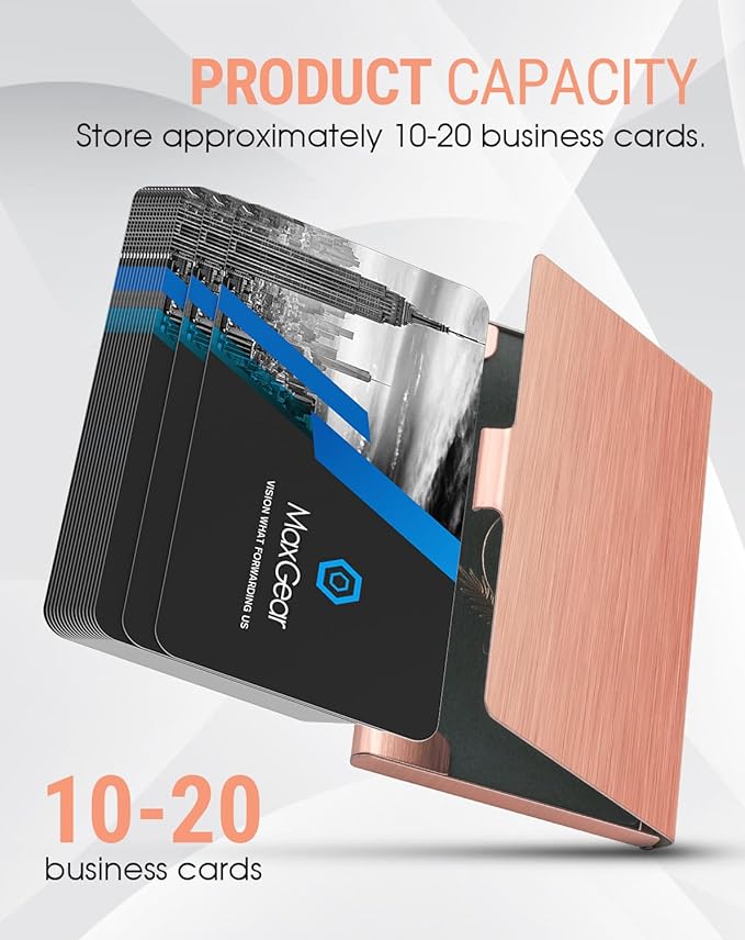 MaxGear Metal Business Card Holder for Men & Women, Stainless Steel Business Card Case Holds 10–20 Cards, Slim Pocket Name Cards Holder with Interior Lining & Buckle Closure, Rose Gold
