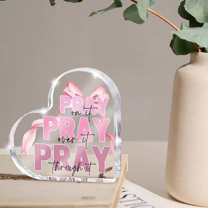 Pink Desk Decor, Bow Acrylic Heart Sign Decor Bathroom Bedroom, Christian Gift for Coworkers, Friends and Family, 4 Inch