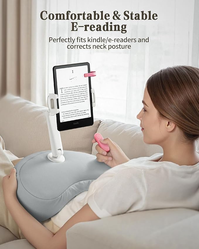 SAIJI Tablet Pillow Stand for Bed – iPad & Kindle Holder with Flexible Dual Axis Arm & Microbead Cushion, 360° Adjustable Lap Beanbag Phone Holder Fits Devices with 4.7"–15.6" Screens (Gray)